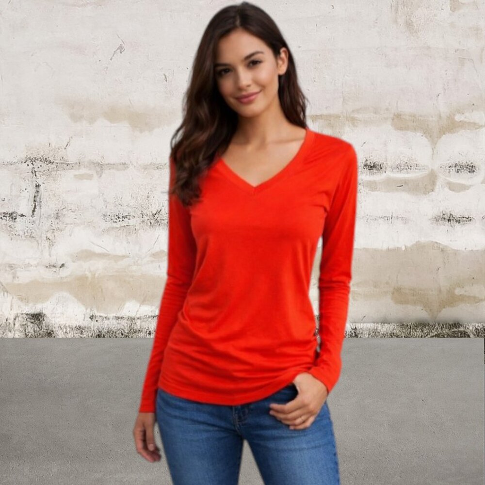 Animal Den Vibrant Red V-Neck Long Sleeve Top Size Small